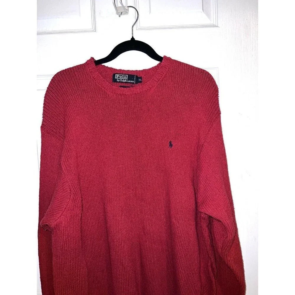 Vintage POLO RALPH LAUREN Mens Pullover Sweater Red Knit Crewneck Cotton Pony XL